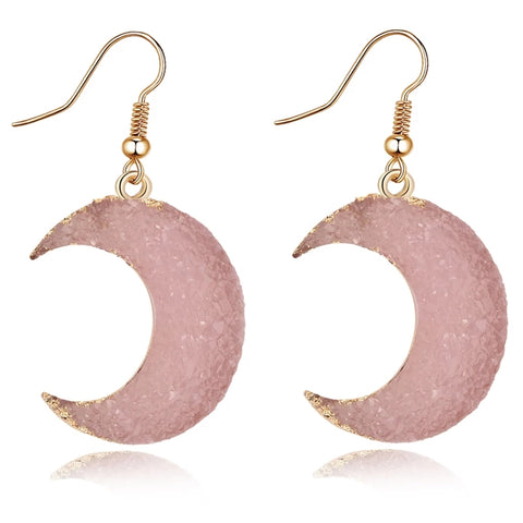 Pink Druzy Crescebt Moon Earrings