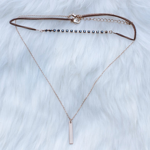 Bronze Colored Crystals & Suede Choker Layered with Gold Bar Pendant Necklace