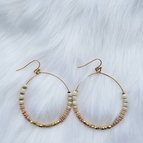 Rose, Gold, and White Beaded Hoop Earrings