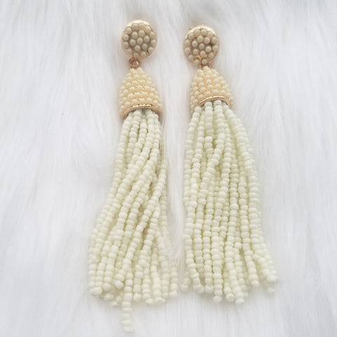 Ivory Beaded Tassel Earrings