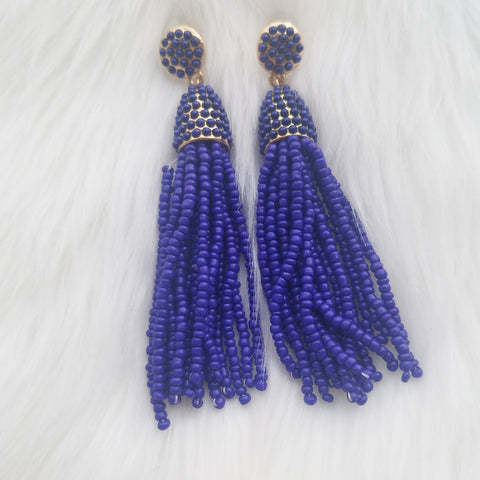 Royal Blue Beaded Tassel Earrings