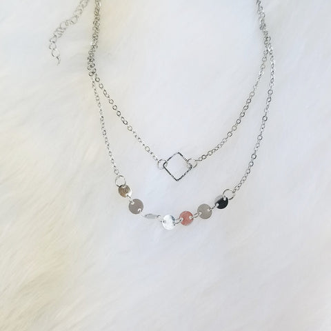 Layered disc choker necklace with a square/ circle pendant