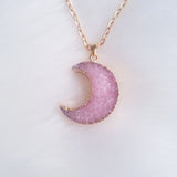 Trendy Pink Resin Druzy Crescent Moon Necklace