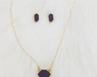 Royal Purple Druzy Necklace and Earrings Set