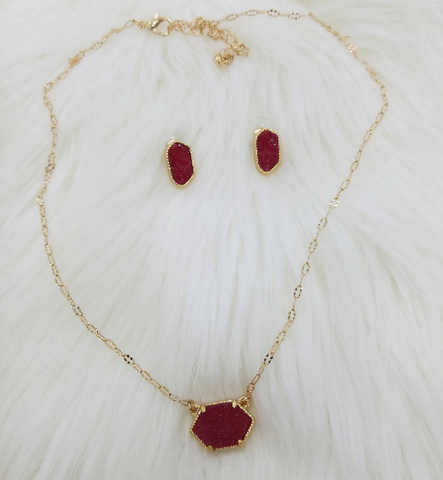 Red Druzy Necklace and Earrings Set