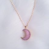 Trendy Pink Resin Druzy Crescent Moon Necklace