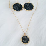 Large black and gold leather earrings and small black and gold leather necklace jewelry set