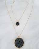 Large black and gold leather earrings and small black and gold leather necklace jewelry set