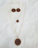 Large brown and gold leather necklace and gold stud earrings set