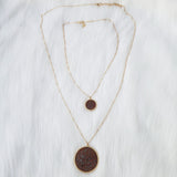 Large brown and gold leather necklace and gold stud earrings set